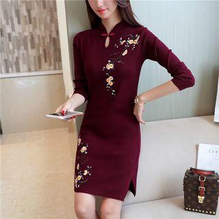 Embroidered Mandarin Collar Knit Dress