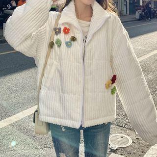Floral Accent Padded Corduroy Zip Jacket