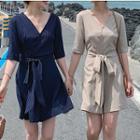 Striped Tie-waist Elbow-sleeve Playsuit