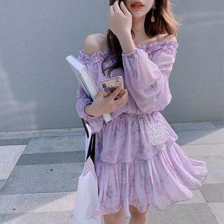 Floral Long-sleeve Ruffle Trim Mini A-line Dress