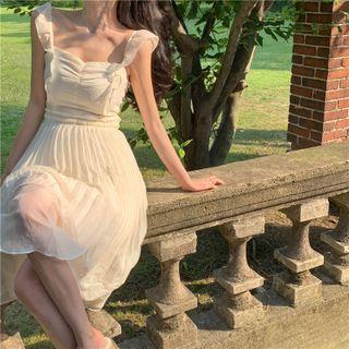Off-shoulder Ruffle Trim Pleated A-line Chiffon Dress