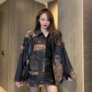 Printed Buttoned Jacket Black - One Size