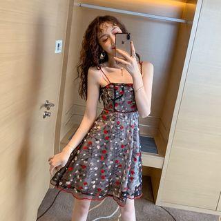 Flower Embroidered Spaghetti Strap Mesh Mini A-line Dress
