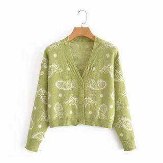 Paisley Print Cropped Cardigan Green - One Size