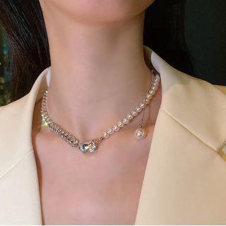 Asymmetrical Rhinestone Faux Pearl Choker Rhinestone - Silver - One Size