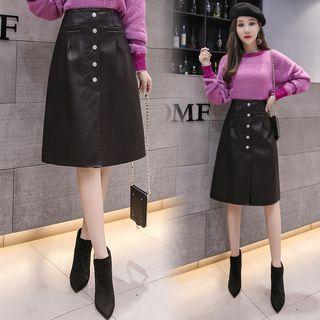Faux Leather Buttoned Midi A-line Skirt