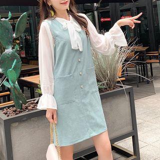 Set: Long-sleeve Blouse / Tweed Shift Pinafore Dress