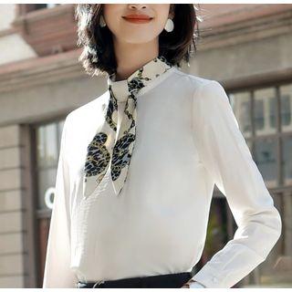 Plain Tie-neck Blouse / Cropped Straight-fit Pants / Set