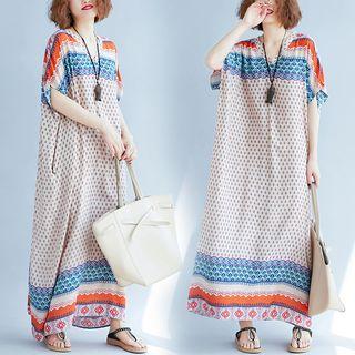 Short-sleeve Patterned Maxi Dress As Shown In Figure - One Size