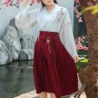 Set: Flower Embroidered Long Sleeve Top + Pleated Midi Skirt