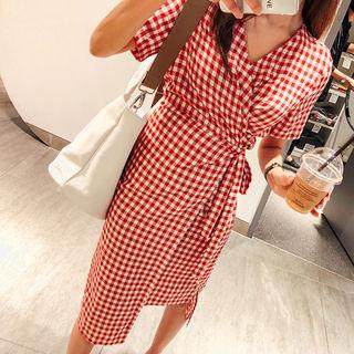 Gingham Long Surplice-wrap Dress