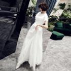 Short Sleeve Feather A-line Evening Gown