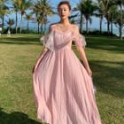 Cold-shoulder Mesh Ruffle Midi A-line Dress