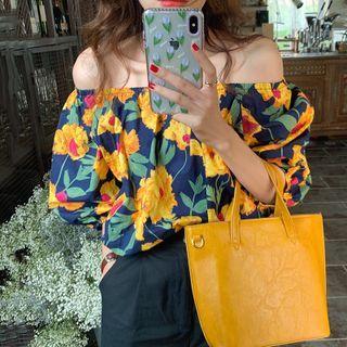 Off-shoulder Floral Puff-sleeve Shirt