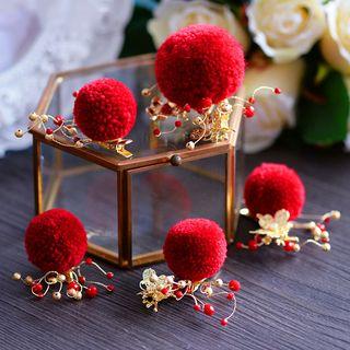 Pom Pom Bridal Hair Clip Set / Drop Clip-on Earring