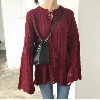 Perforated Long-sleeve Loose-fit Knit Top - 3 Colors