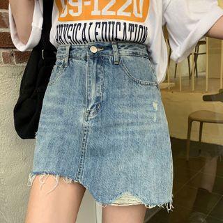 Denim Asymmetric High-waist Distressed Skirt