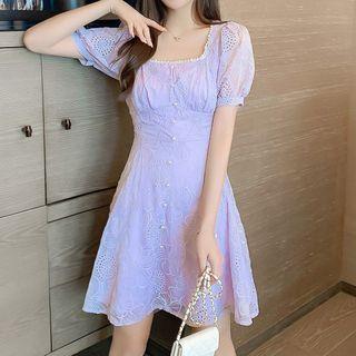 Puff-sleeve Beaded Square Neck Dress