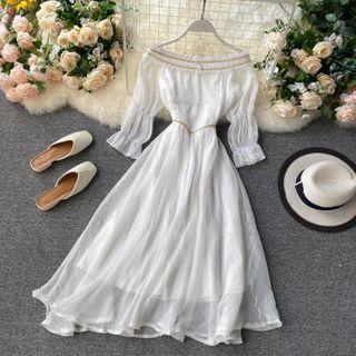 Contrast Trim Off-shoulder Midi A-line Dress