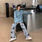 Plain Hooded Long-sleeve Sweatshirt / High Waist Tie-dye Wide Leg Pants