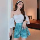 Elbow-sleeve Off-shoulder Top / Houndstooth Print Shorts