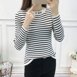 Lettering Striped Ribbed Knit Top