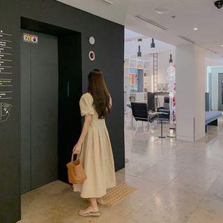 Puff-sleeve Pleated Long Dress Beige - One Size