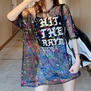 Elbow-sleeve Letter Mesh T-shirt