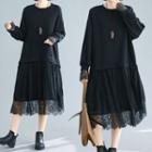 Long-sleeve Lace-panel Midi A-line Dress Black - One Size