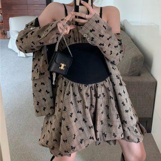 Plaid Buckled Blazer / Spaghetti Strap Mini A-line Dress