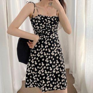 Floral Print Spaghetti-strap Mini A-line Dress Black - One Size