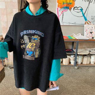 Long-sleeve Plain Shirt / Elbow-sleeve Cartoon Print T-shirt