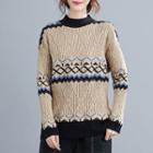 Patterned Mock-neck Sweater Khaki - One Size