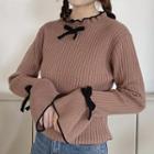 Plain Crewneck Slim-fit Puff-sleeve Knit Top