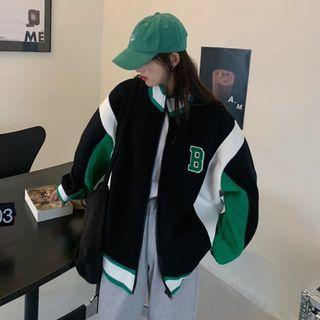 Letter Embroidered Color Block Zip-up Jacket Black - One Size