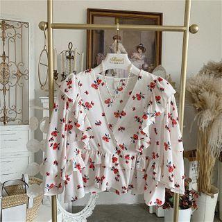 Floral Ruffle Trim V-neck Blouse White - One Size