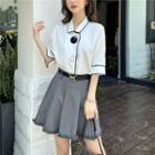 Elbow-sleeve Contrast Trim Blouse / A-line Mini Dress