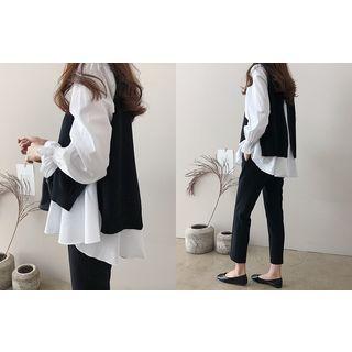 Set: Slit-back Knit Vest + Bell-sleeve A-line Top