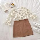Floral V-neck Ruffled-trim 3/4-sleeve Chiffon Top Off-white - One Size