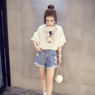 Printed Elbow Frill Sleeve T-shirt