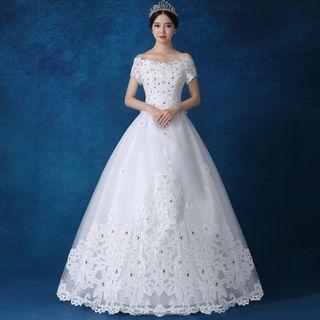 Lace Trim Off-shoulder A-line Wedding Gown