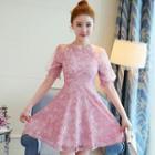 Puff Short-sleeve Lace Dress