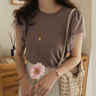 Tulle-trim Flutter-sleeve Top
