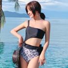 One-shoulder Cutout Patterned Panel Swimsuit