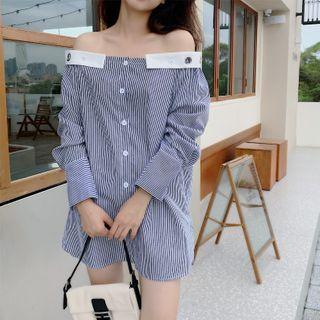 Striped Off-shoulder Long-sleeve Dress