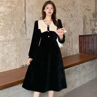 Long Sleeve Two Tone Corduroy Midi Dress