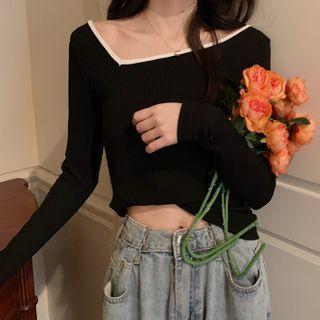 Long-sleeve Boatneck V-neck Top Black - One Size