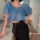 Puff-sleeve Plain Cropped Blouse Blue - One Size