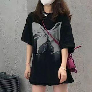 Bow Print T-shirt / Pleated Mini A-line Skirt / Set