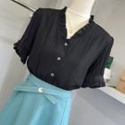 Short-sleeve Ruffle Blouse / High Waist Midi A-line Skirt